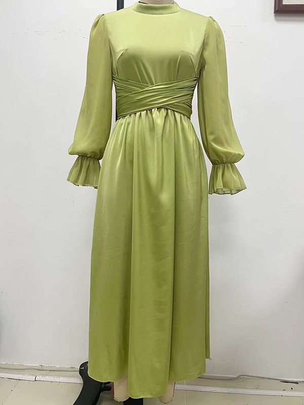 Flared Sleeves Wrap Belted Pleated Solid Color Stand Collar Midi Dresses