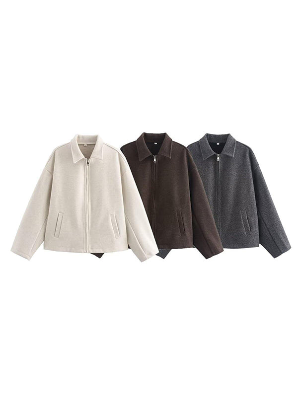 Solid Color Split-Joint Zipper Long Sleeves Loose Lapel Woolen Coat Outerwear