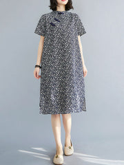 Artistic Retro Floral Printed Stand Collar Short Sleeves Cheongsam Midi Dress