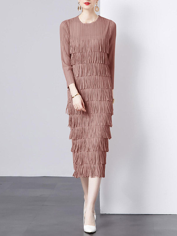 Pleated Solid Color Split-Joint Tasseled Long Sleeves Loose Round-Neck Midi Dresses