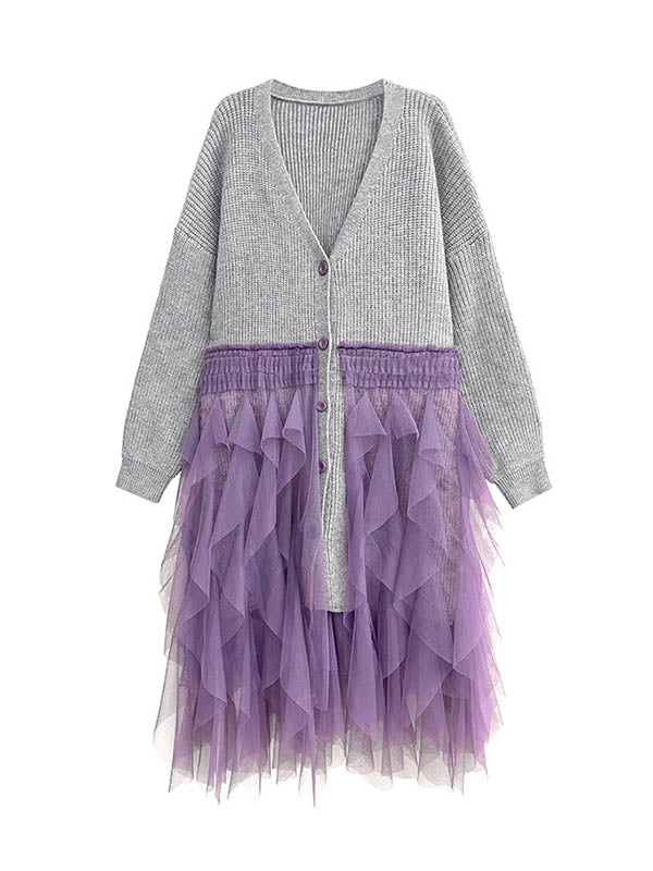 Buttoned Contrast Color Mesh Pleated Ribs Split-Joint High-Low Irregularity Collarless Outerwear Cardigan Tops