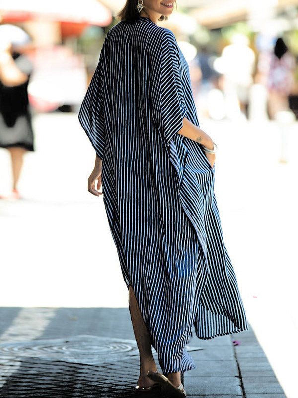 Buttoned Pockets Striped Batwing Sleeves Half Sleeves Round-Neck Maxi Dresses Beach Cover-Up