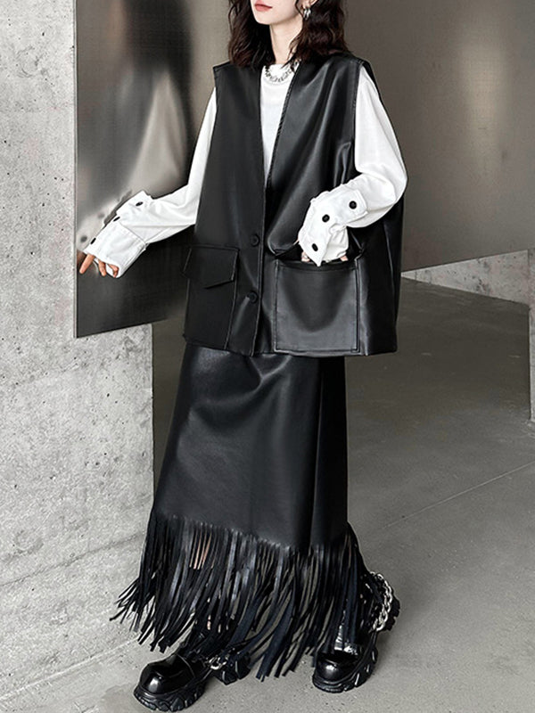 Buttoned Pockets Solid Color Loose Sleeveless V-neck Vest Outerwear
