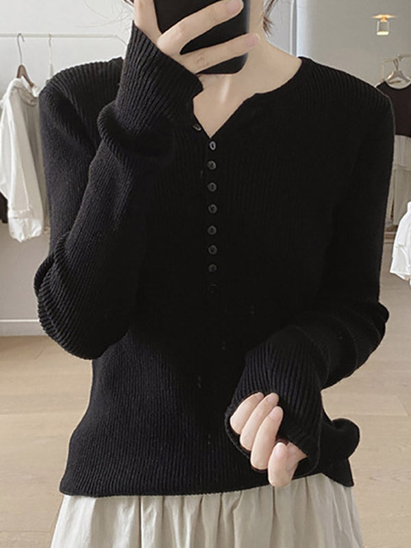 Buttoned Solid Color Long Sleeves Round-Neck Sweater Tops Pullovers