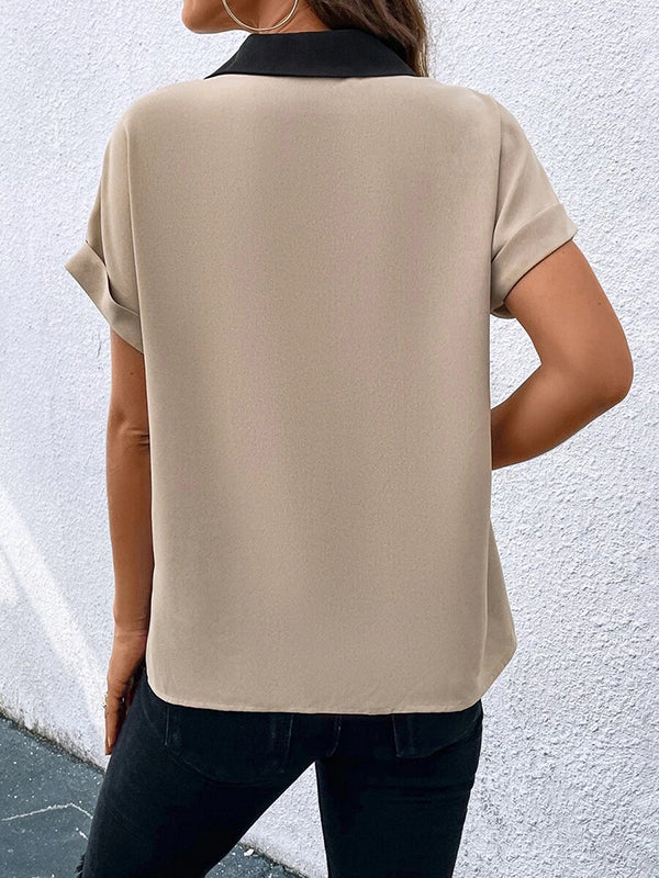 Contrast Color Loose Short Sleeves V-neck T-Shirts Tops