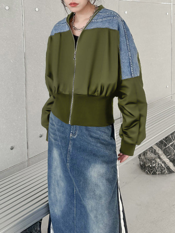 Pleated Split-Joint Zipper Long Sleeves Loose V-neck Outerwear Jackets