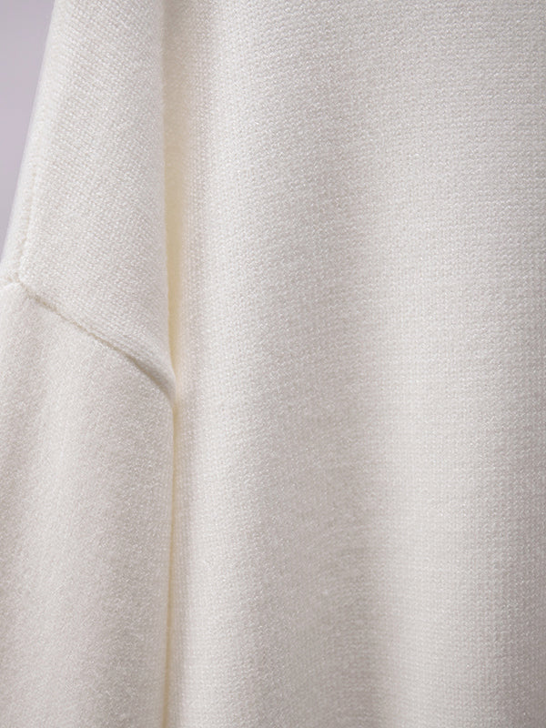 Solid Color Split-Joint High-Low Long Sleeves High Neck Sweater Tops