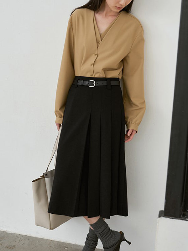Buttoned Solid Color False Two Long Sleeves V-Neck Blouses&Shirts Tops