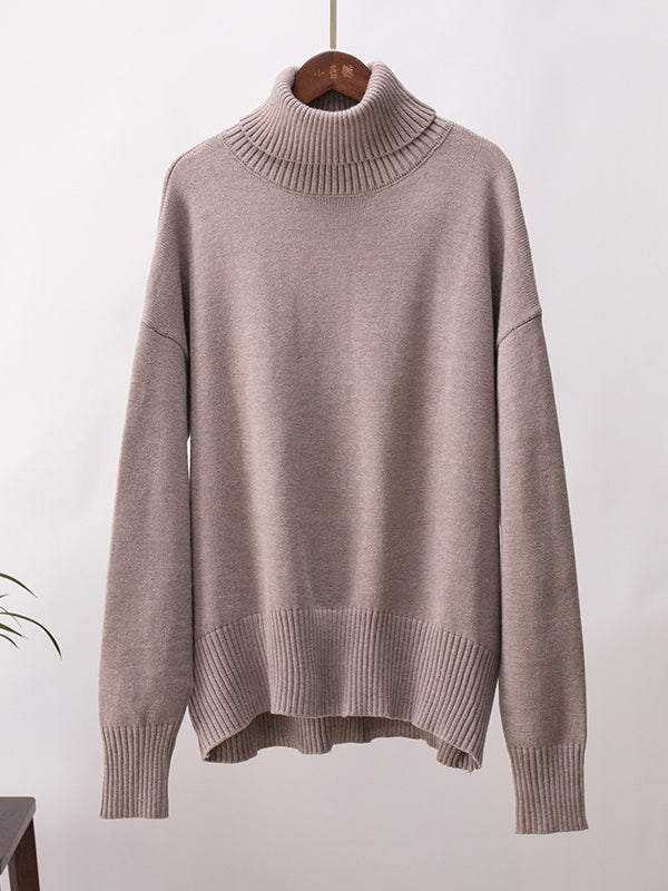 Solid Color Split-Joint High-Low Long Sleeves High Neck Sweater Tops