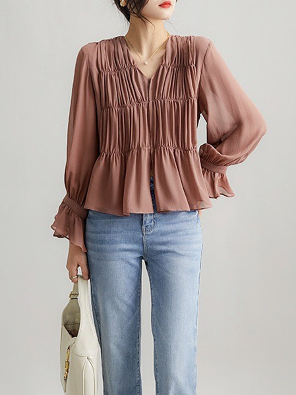 Pleated Solid Color Split-Front Flared Sleeves Long Sleeves V-Neck Blouses&Shirts Tops