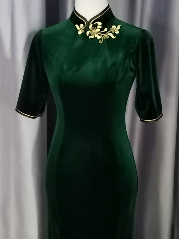 Original Applique Pleuche Stand Collar Half Sleeves Long Cheongsams