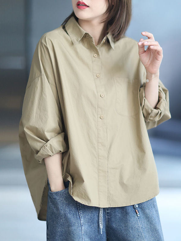Solid Color High-low Long Sleeves Lapel Blouses&shirts Tops