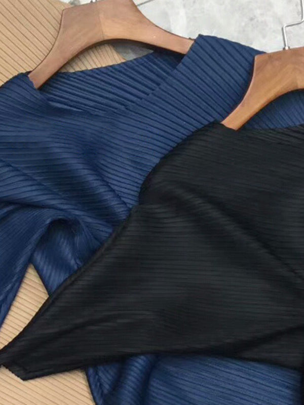 Pleated Solid Color Half Sleeves Irregular Clipping Round-Neck Midi Dresses