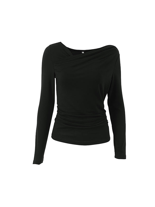Asymmetric Solid Color Long Sleeves Skinny Asymmetric Collar T-Shirts Tops