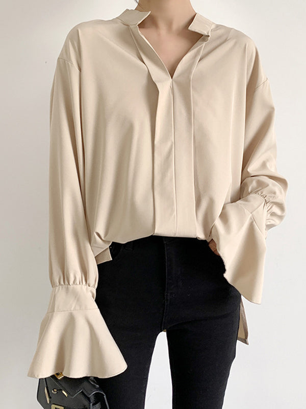 Buttoned Solid Color Split-Side Flared Sleeves High-Low V-Neck Blouses&Shirts Tops