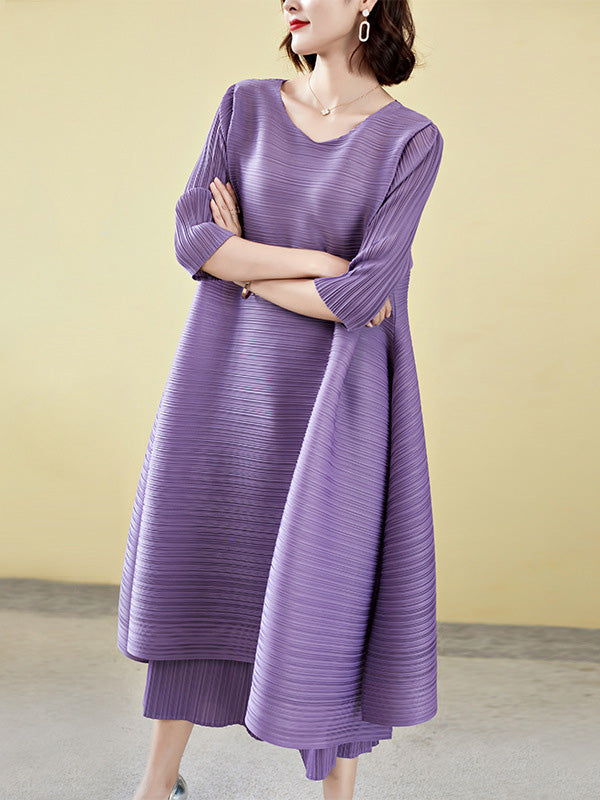 Casual Loose Three-Quarter Sleeves Pleated Solid Color T-Shirt&Pants Two Pieces Set