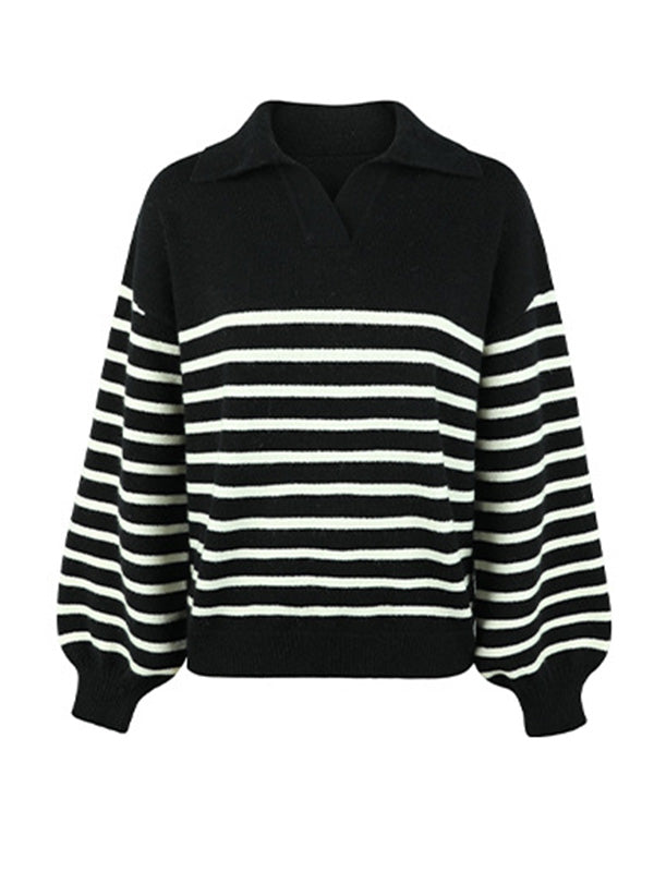 Casual Long Sleeves Loose Striped Lapel Collar Sweater Tops