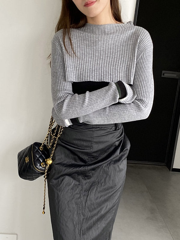 Contrast Color Long Sleeves Loose Round-Neck Two Pieces Set Cover-Ups Tops