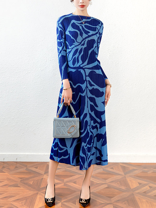 Floral Printed Pleated Long Sleeves Midi Dress