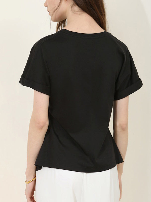 Pleated Solid Color Split-Front Split-Joint Batwing Sleeves Loose Round-Neck T-Shirts