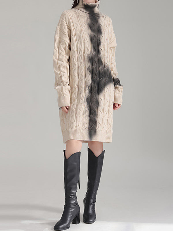 Contrast Color Long Sleeves Loose High Neck Sweater Dresses Mini Dresses
