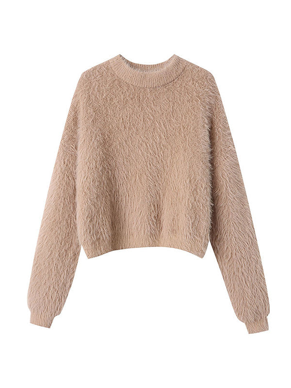 Simple Loose Long Sleeves Solid Color Round-Neck Sweater Tops