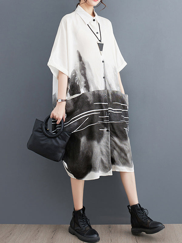 Pockets Printed Half Sleeves Loose Lapel Midi Dresses