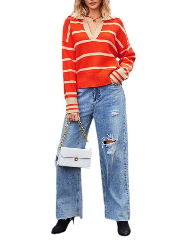 Contrast Color Split-Joint Striped Long Sleeves Loose V-Neck Sweater Tops Pullovers