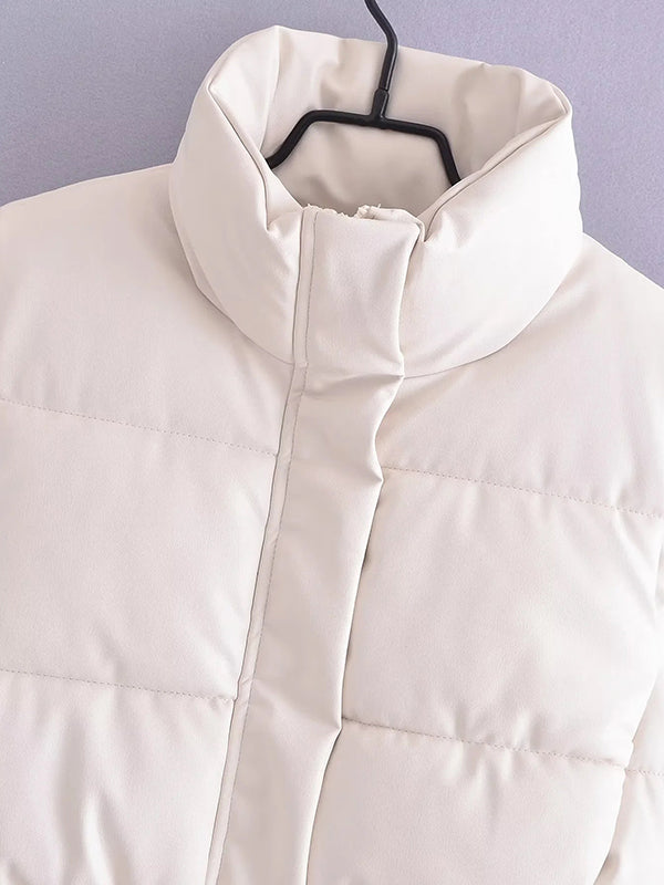 Drawstring Elasticity Solid Color Split-Joint Zipper Skinny Sleeveless Stand Collar Padded Vest