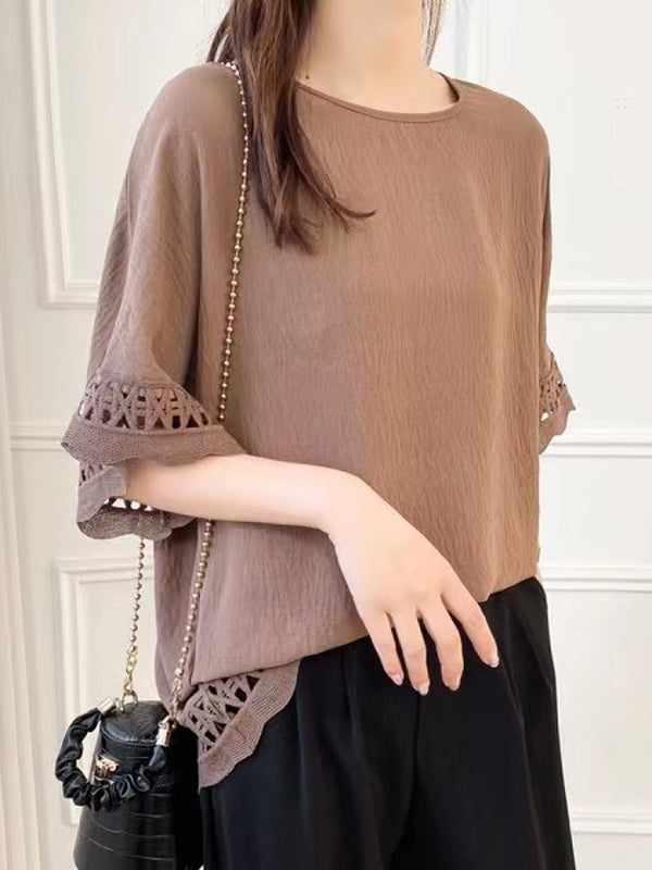Hollow Solid Color Flared Sleeves Half Sleeves Round-Neck T-Shirts Tops