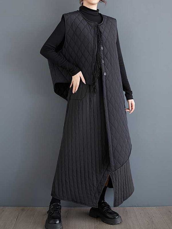 Asymmetric Buttoned Quilted Solid Color Loose Sleeveless Round-Neck Padded Vest