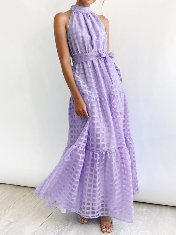 Plaid Ribbed Loose Sleeveless Stand Collar Maxi Dresses