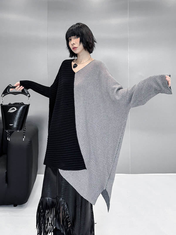 Asymmetric Contrast Color Split-Joint Textured Batwing Sleeves Irregularity V-Neck Sweater Tops