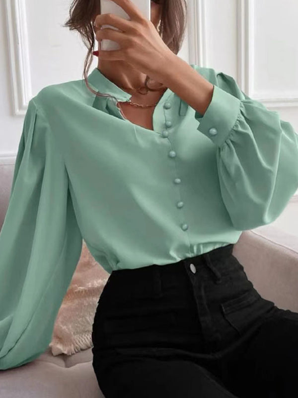 Pleated Solid Color Split-Joint Loose Puff Sleeves Stand Collar Blouses
