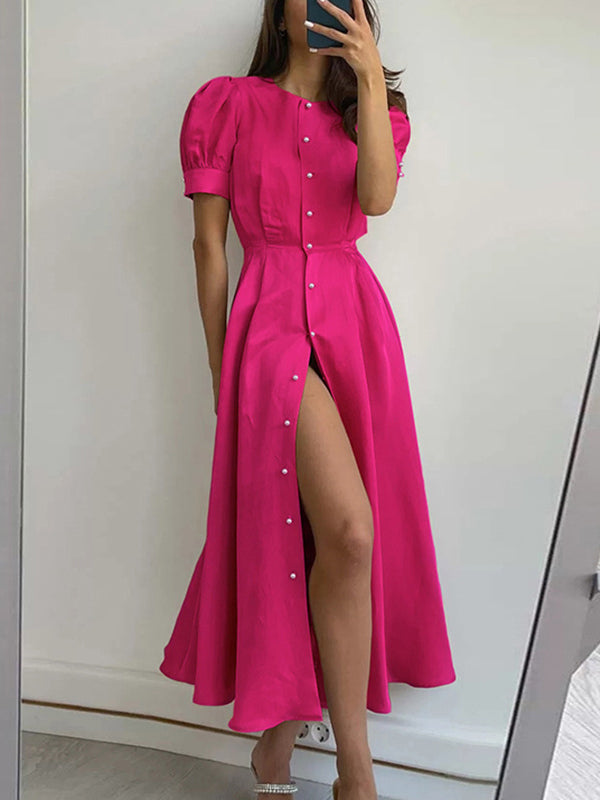 Buttoned Solid Color Puff Sleeves Short Sleeves Round-Neck Shirt Dress Midi Dresses