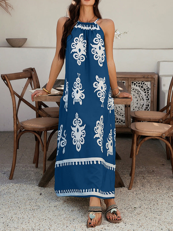 Contrast Color A-line Loose Halter-Neck Maxi Dresses