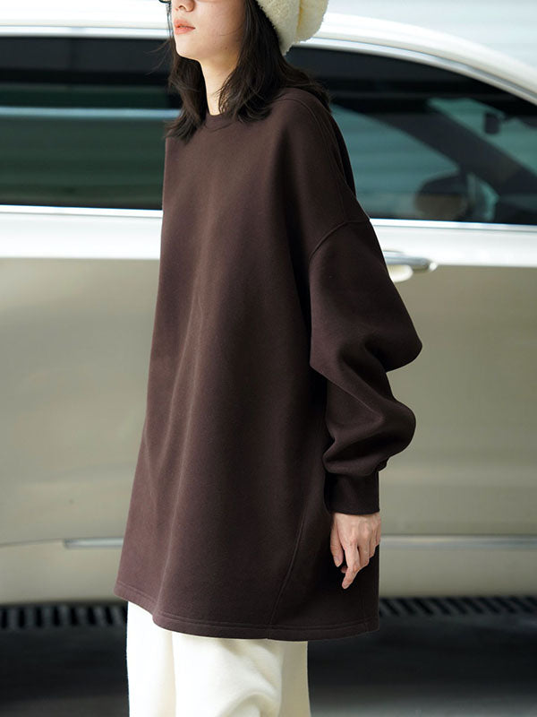 Casual Long Sleeves Loose Velvet Solid Color Round-Neck Sweatshirt Tops