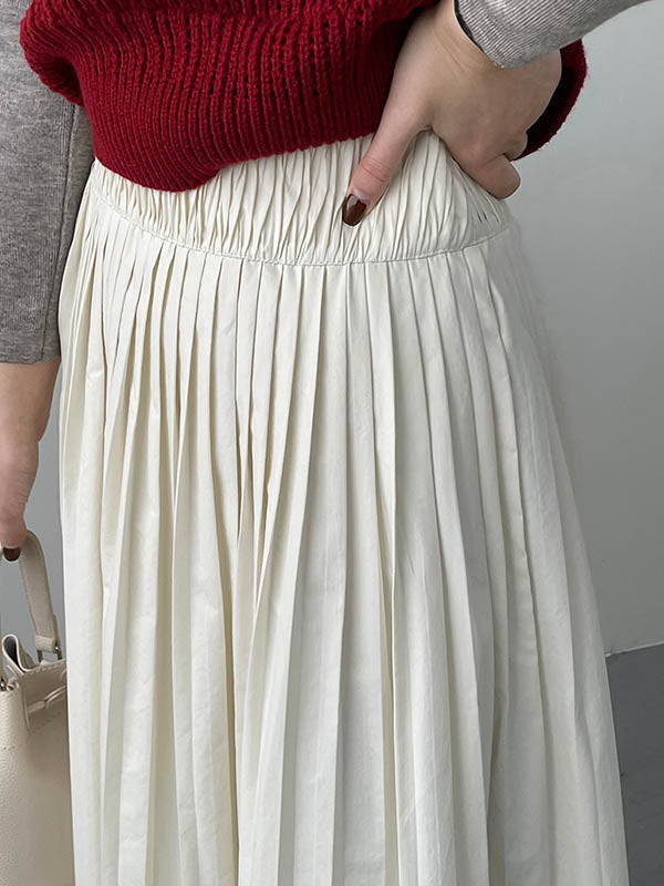Elasticity Pleated Solid Color A-Line High Waisted Skirts