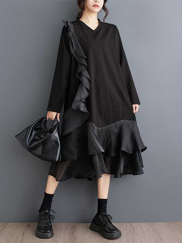 Contrast Color Pockets Ruffle Trim Split-Joint A-Line Long Sleeves V-Neck Midi Dresses