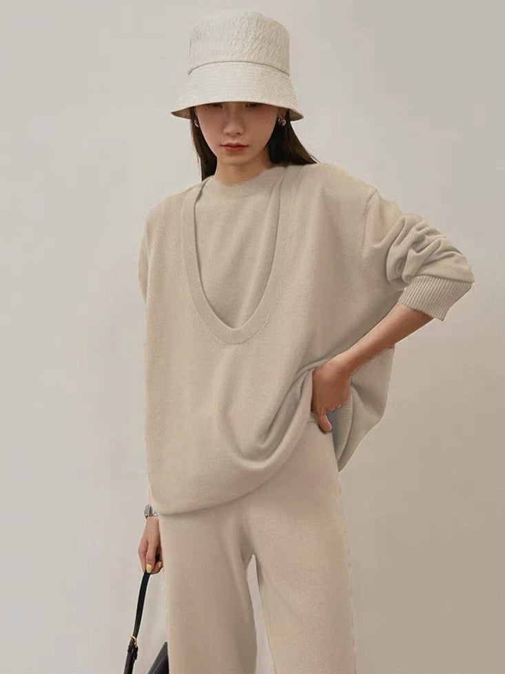 Urban Loose Solid Round-Neck Vest Top& V-Neck Sweater Tops& Wide Leg Pants Three-Piece Set