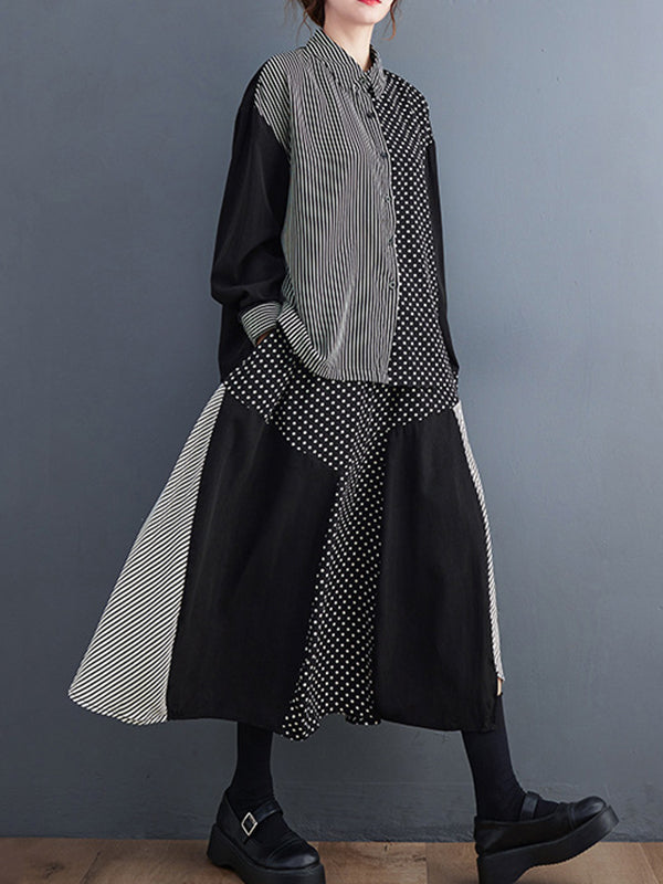 Loose Oversize Striped Polka-Dot Split-Joint Blouse Top A-Line Skirt Bottom Two Pieces Set