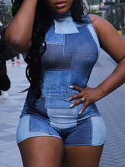 Printed Bodycon Sleeveless Mock Neck Rompers