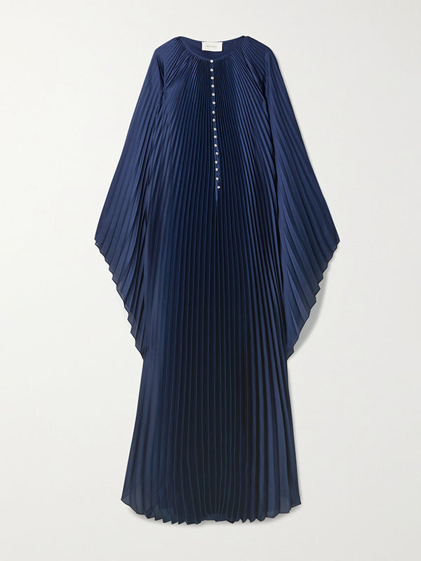 Batwing Sleeves Loose Pleated Solid Color Round-Neck Maxi Dresses