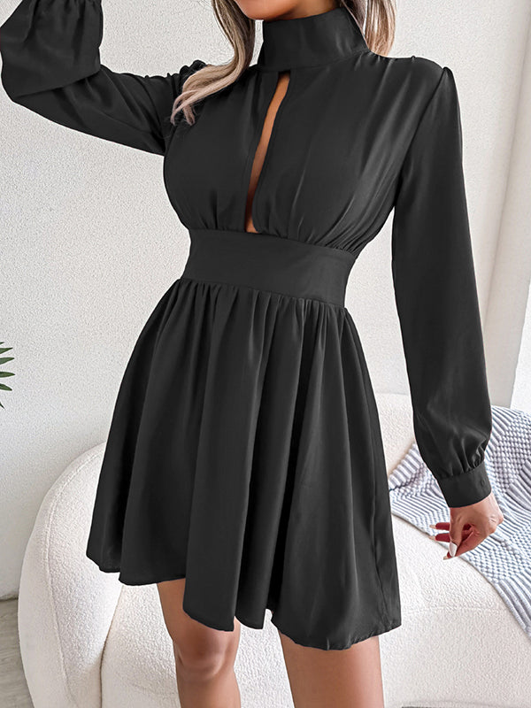 Hollow Solid Color Zipper A-Line Elasticated Waist Half Turtleneck Mini Dresses