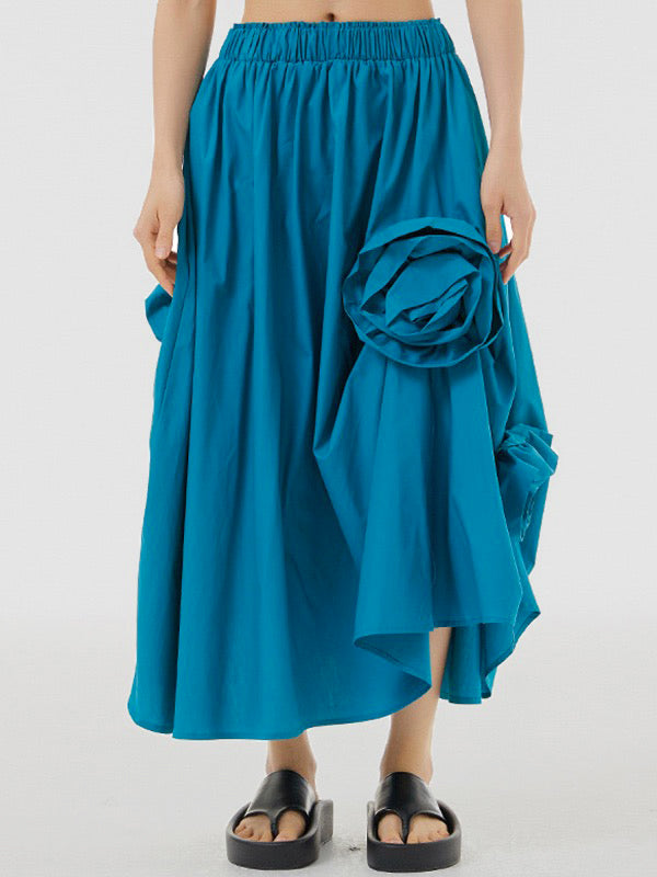 Asymmetric Elasticity Solid Color Three-Dimensional Flower Loose Skirts Bottoms