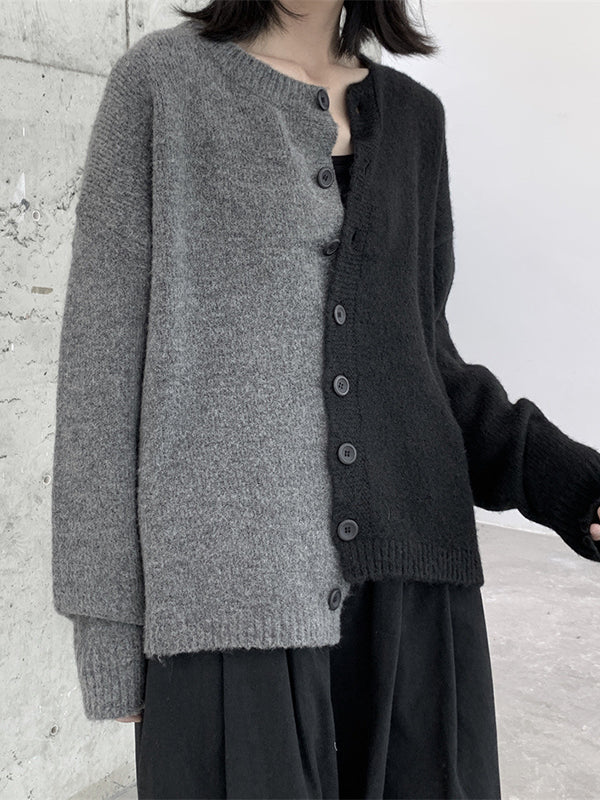 Asymmetric Buttoned Contrast Color Split-Joint Long Sleeves Loose Round-Neck Cardigan Tops