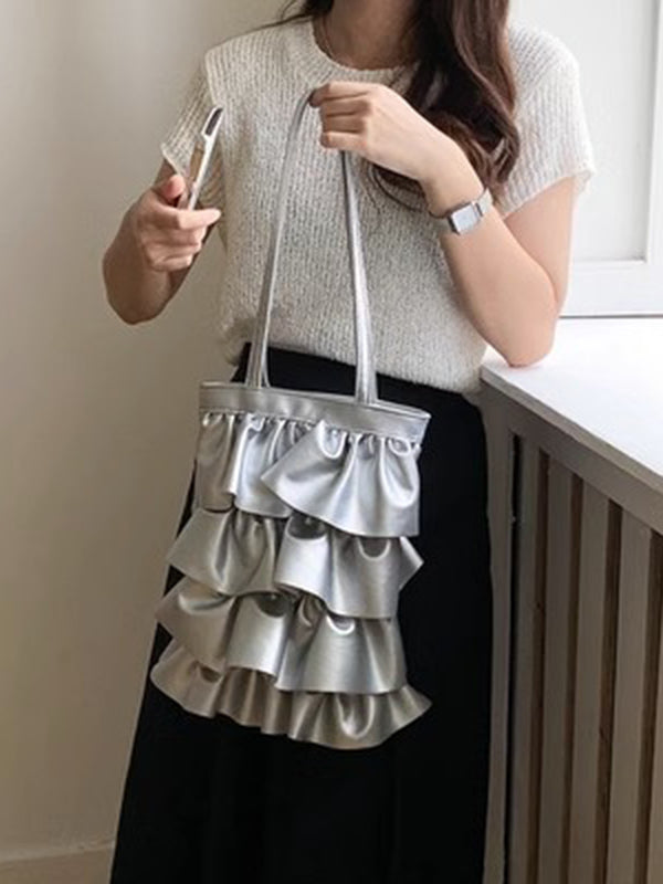 Layered Pleated Pockets Solid Color Zipper Handbags