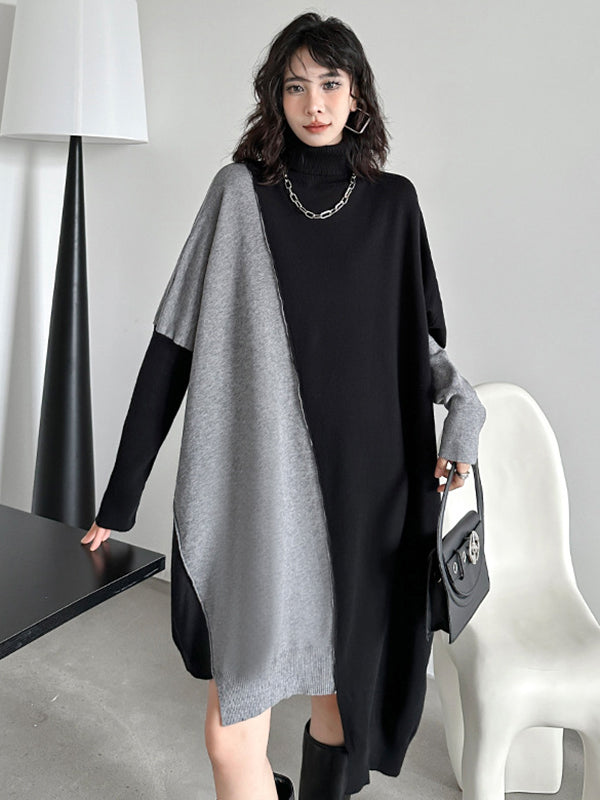 Asymmetric Contrast Color Split-Joint Batwing Sleeves Hipster High-neck Sweater Dresses Midi Dresses