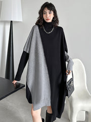 Asymmetric Contrast Color Split-Joint Batwing Sleeves Hipster High-neck Sweater Dresses Midi Dresses