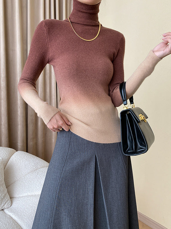 Gradient Long Sleeves Skinny High-Neck Sweater Tops Pullovers